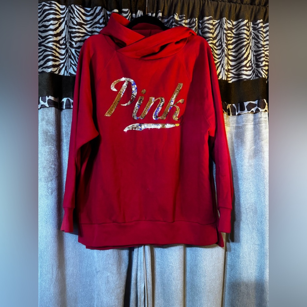 PINK Victoria's Secret Red Hoodie with Gold Sequin Detail